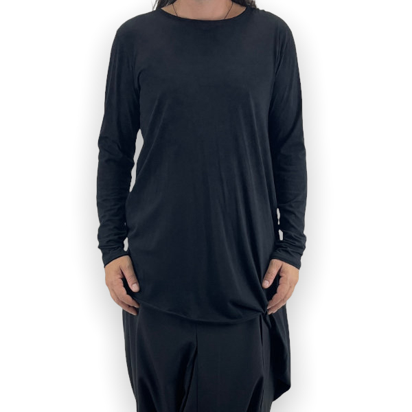 1-092 UNISEX LONG SLEEVE DRAPE PEPLUM BLACK TSHIRT