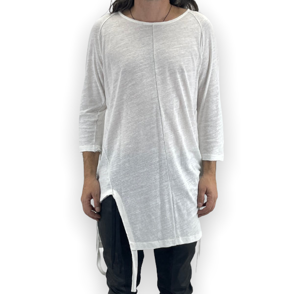 1-098 UNISEX ASYMMETRIC LONG SLEEVE CREW NECK TEE LONG WHITE TSHIRT